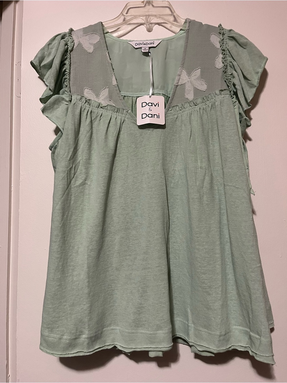 DAVI & DANI Mint Green Flutter Sleeve Blouse with Embroidered Yoke